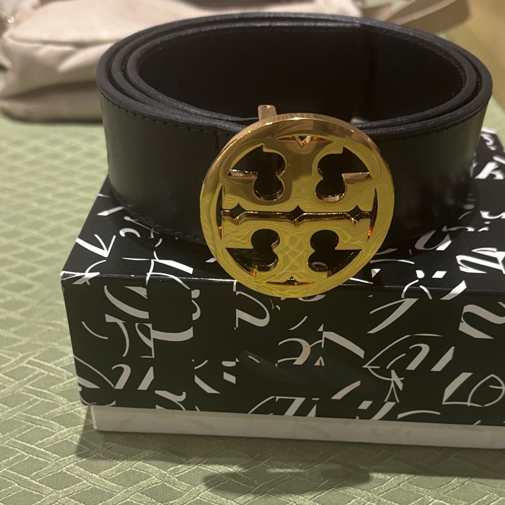 Tory Burch Black Leather Belt with Gold Logo Buckle